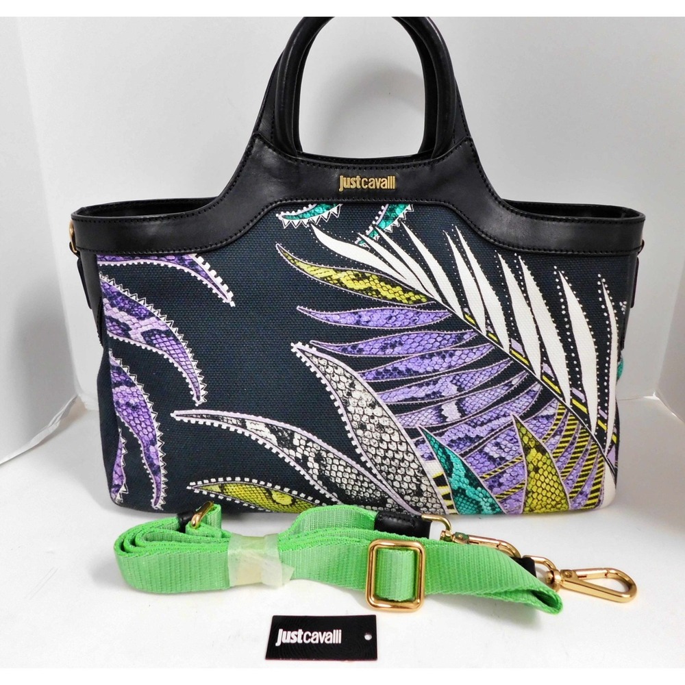 JUST CAVALLI Black Tote Bag Crossbody Botanical Leaf Pattern $790rt NWT
